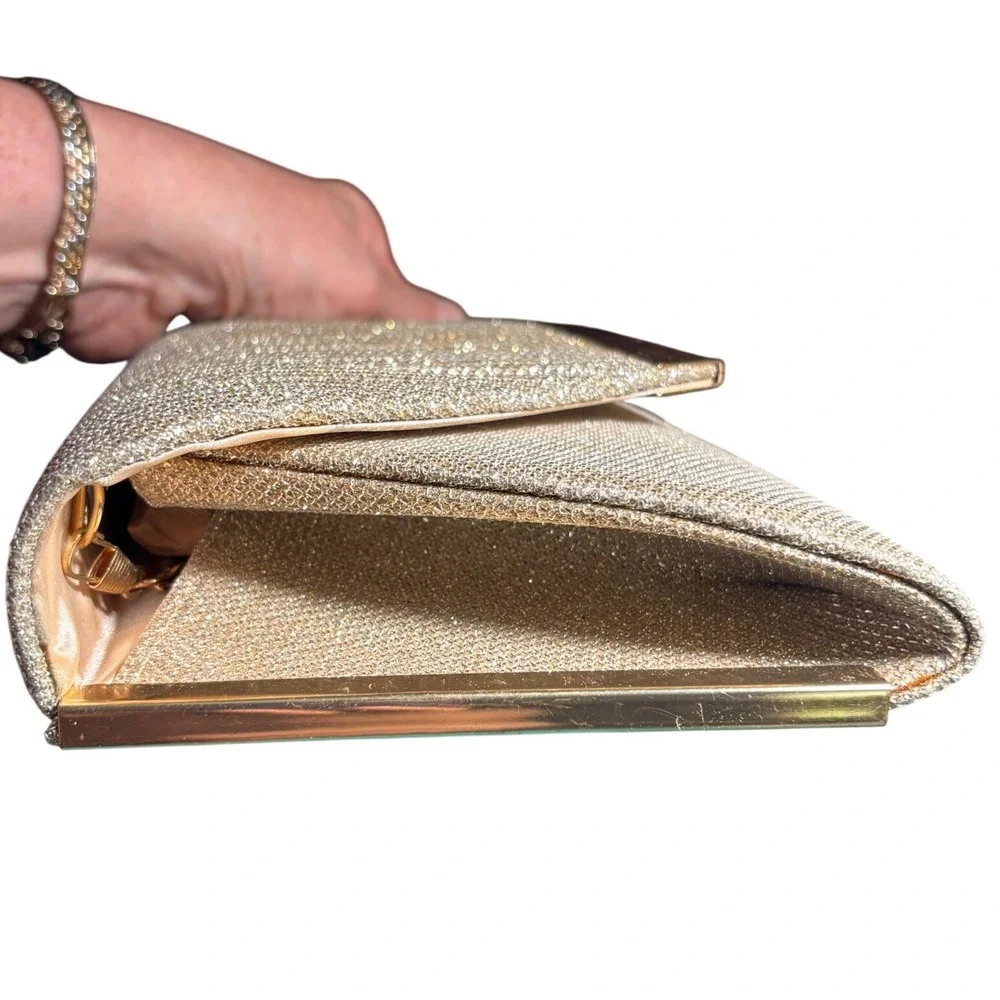Envelope Clutch Womens Small Champagne‎ Gold Glitter Pleated Evening Bag READ